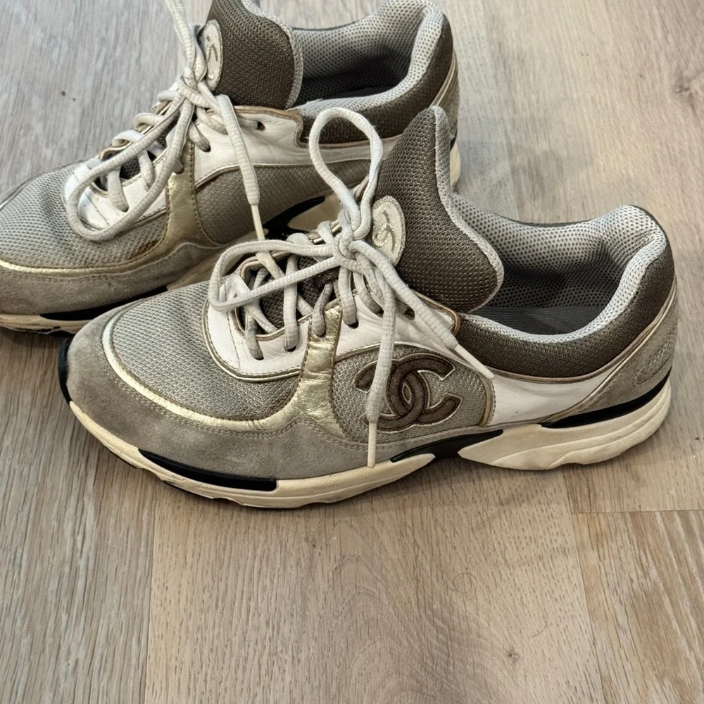 CHANEL Gray and White CC Logo Chunky Athletic Sneakers